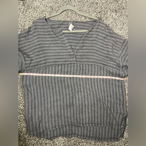 XCVI Gray 100% Linen Lagenlook Stripe V-Neck Boxy Loose Baggy Blouse L Comfort - Picture 8 of 9